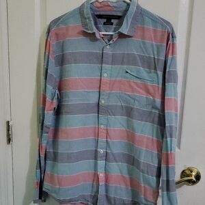 Tommy Hilfiger Custom Fit Retro 90s Blue & Pink Striped Button-Up Shirt L